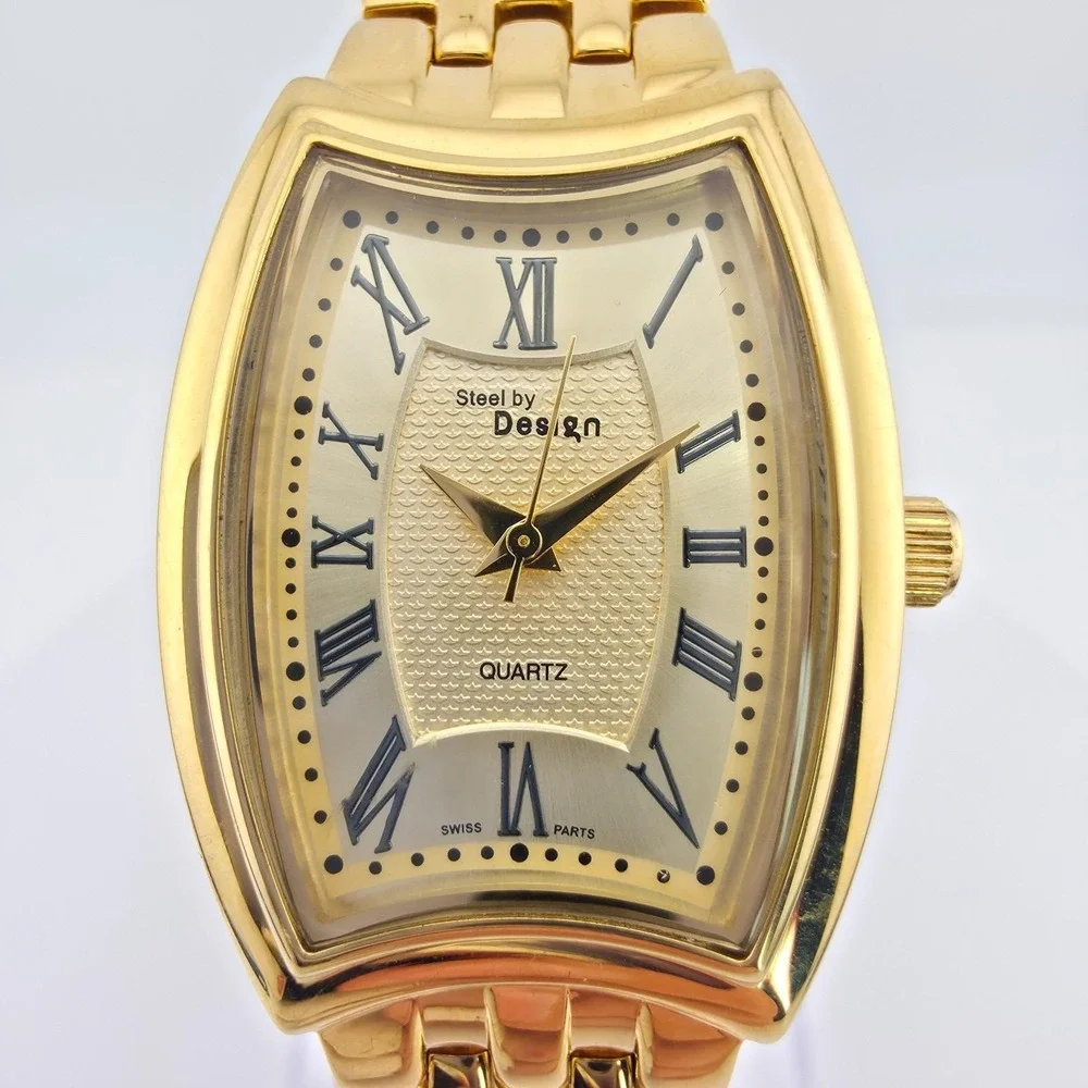 Vtg STEEL BY DESIGN Ladies Watch Swiss Parts Movment Link Bracelet Gold Tone 7